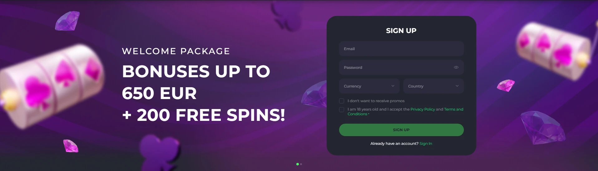 Spinago Casino welcome package: bonuses up to 650 EUR + 200 free spins
